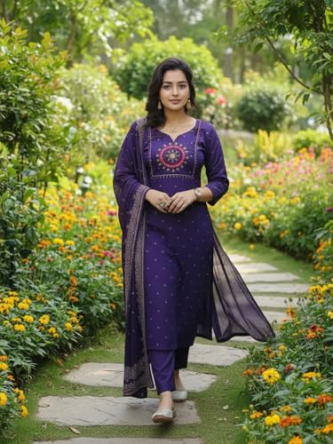 Image of ANNI Designer Women's Rayon Viscose Straight Embroidered Kurta with Pant and Dupatta | Ethnic Kurta Set for Festive, Office