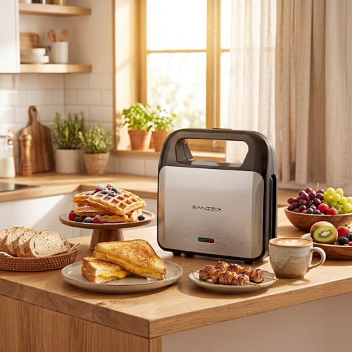 Image of KEINVE 3-in-1 Sandwich Maker, Waffle Maker and Panini Press Grill, 800W Electric Breakfast Machine with 3 Detachable Non-Stick Plates, LED Indicator Lights, Cool Touch Handle with Latch, Black