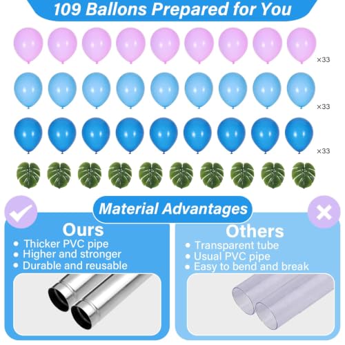 Image of 2 Sets Blue Purple Balloon Column Stand Kit with 99 Blue Purple Foil Balloons 10 Palm Leaf 5.57ft Adjustable Balloon Tower Stand with Bases Adjustable Arch Column for Tropical Birthday Party Decor