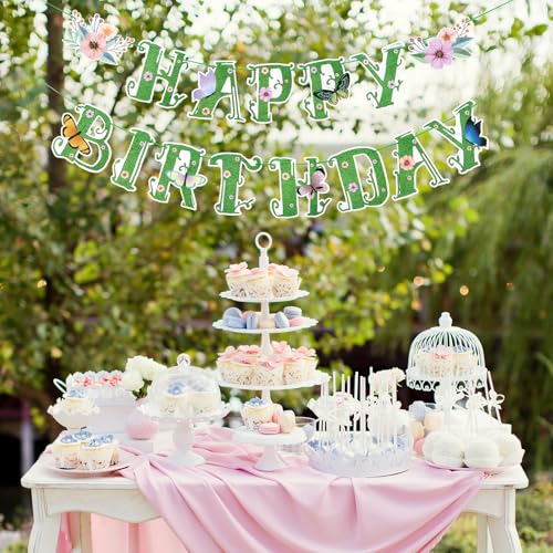 Image of SUNBEAUTY Wildflower Happy Birthday Banner Green Spring Butterfly Flowers Party Banner Floral Birthday Decoration Spring Butterfly Birthday for Women Girl Baby Shower Garden Tea Fairy Party Supplies | Pre-Strung