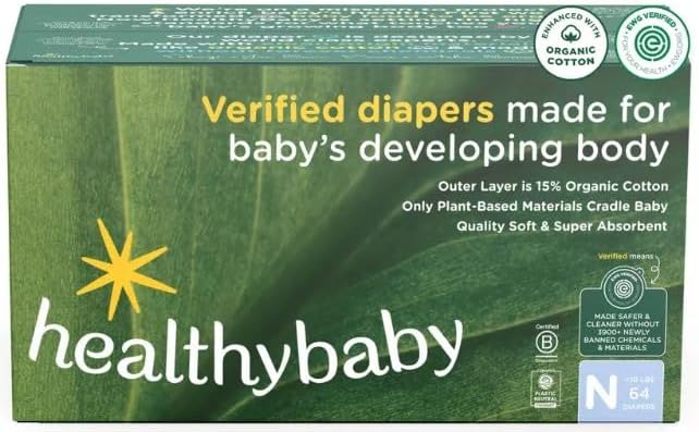HealthyBaby Luxury Diapers, Certified Safe Organic Cotton Enhanced, Size N, 64 Count