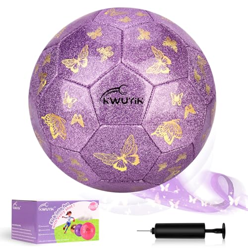 OKWUYiK Soccer Ball Size 4 Purple Pink Glitter Butterfly Football for Kids Sparkle Gift for Boys Girls Toddlers Aged 8-12 Easter Birthday Present for Youth Kids Indoor Outdoor Practice