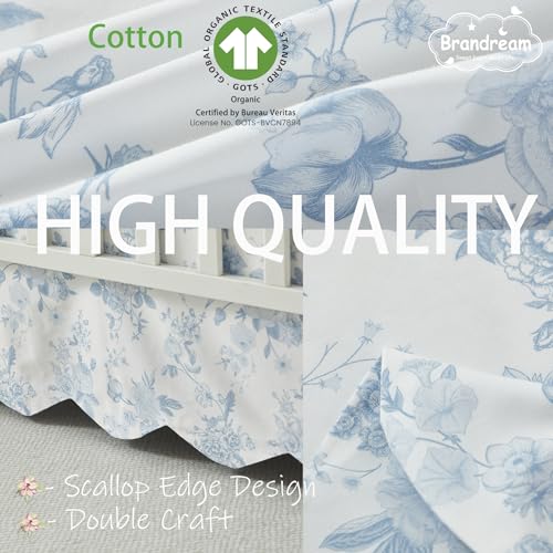 Image of Brandream Scallop Edge Cotton Crib Skirt, Baby Girl, French Country Blue Toile Crib Skirt Toddler Bedskirt Farmhouse Chic Nursery Crib Bed Skirt, Boho Bohemian Vintage Grandmillennial Floral Print