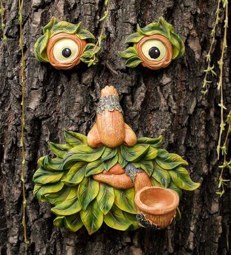 Flytime Tree Face Decor Outdoor,Whimsical Outdoor Art with Bird Feeder,Tree