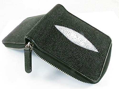 Genuine Stingray Skin Black Leather Bifold Zip Around Closure Wallet Soft4