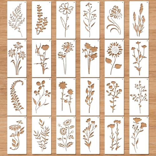 MWOOT Plantillas Flores para Pintar Paredes, 24 Piezas Plantilla Floral Reutilizable para Manualidades,Plástico Kit plantillas Dibujo para Pared, Madera, Lienzo y Decoración Del hogar