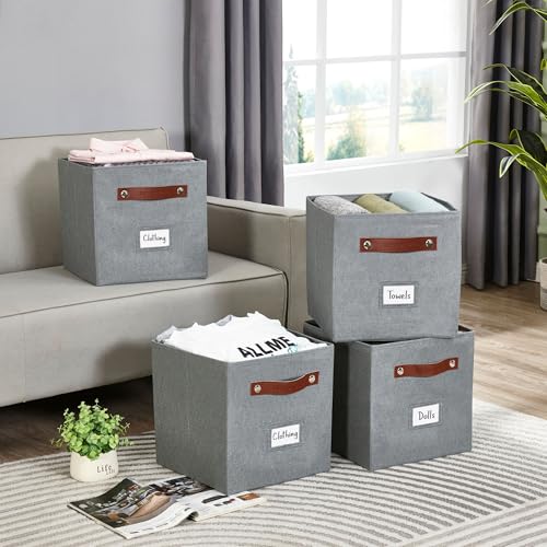 Image of DECOMOMO Storage Bins | Cube Storage Bin with Label Holders, Fabric Storage Cubes for Organizing Shelves Closet Toy Clothes (11 inch / 6pcs, Texture Grey)