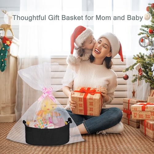 Image of COMSE Small Gift Basket Empty with Bag & Ribbons, Solid Black