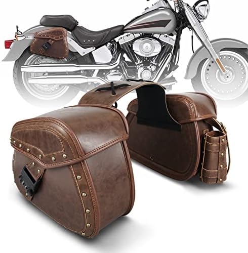 NICECNC Motorcycle Saddle Bags, PU leather Motorcycle Saddlebags, Reinforced Straps & Saddle Piece, with Cup Holder & Lock, Throw Over Saddle Bags Side Bags Universal Motorcycle Accessories, BROWN