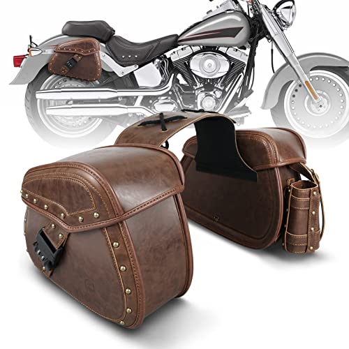 NICECNC Alforjas Moto Custom Cuero PU, Alforjas Laterales para Moto Universal, Correas Reforzadas Y Pieza De Sillín, con Portavasos Y Cerradura, Bolsa de sillín Moto Accesorios para Moto, Marron