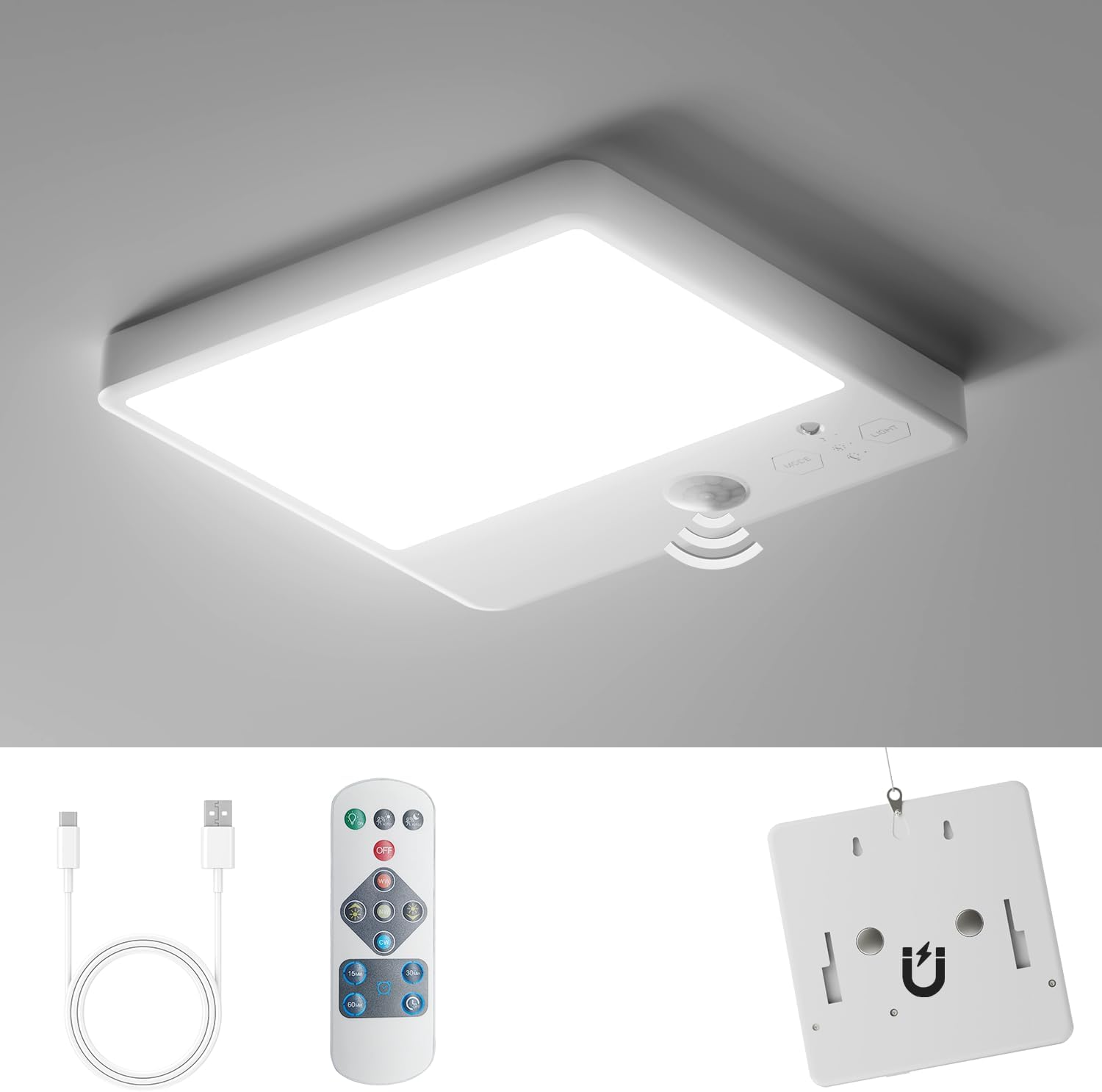 Product image of Rechargeable Motion Sensor Ceiling Light, Cordless Bathroom Light with Remote Control, 8000mAh Dimmable Battery Operated Sensor Lights 3 Color Temperatures Magnetic for Shed Porch Stairs Garage Loft