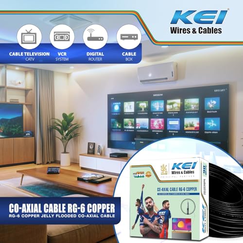 Image of KEI Coaxial Cable RG6 99.97% Pure Copper Conductor,Polyethylene Foam Insulation with Laminated Aluminum Tape & Wire Braiding,PVC Oversheathed, Suitable for HD TV Satellite Broadband (Black 100 Meter)