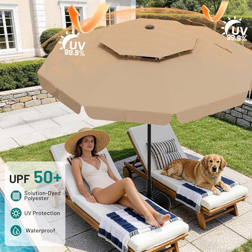 Image of AreShark 9ft 2-Tier Patio Umbrella with Valance - Outdoor Umbrella Waterproof UV Protection, Market Table Umbrella w /Push Button Tilt&Crank for Pool, Porch, Garden(Beige)