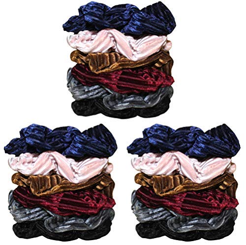 Syleia Set of 18 Large Velvet Hair Scrunchies Hair Ties No Damage Durable Stay in Place Hair Accessories with ribbed velvet texture and rich colors - blue, black, burgundy red, brown, grey, pink