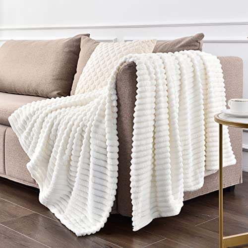 Bedelite Fleece Throw Blanket For Couch – 3D Ribbed Jacquard Soft And Warm Decorative Fuzzy Blanket – Cozy, Fluffy, Plush Lightweight White Throw Blankets For Bed, Sofa, 50X60 Inches #TOP2