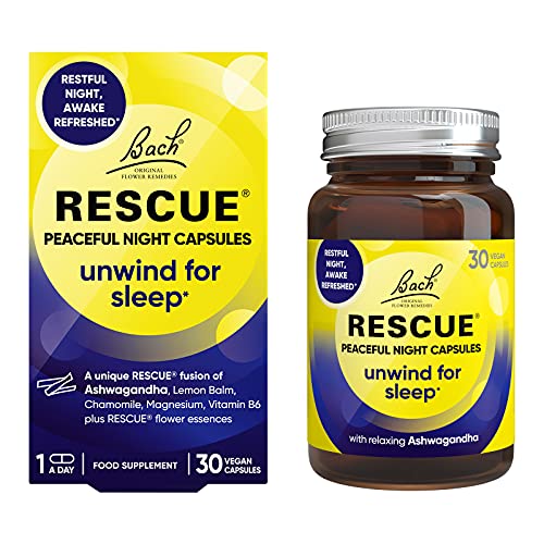 Rescue Peaceful Night Capsules | Natural Sleep Support | Bach Original Flower Essences | Ashwagandha KSM-66 | Magnesium | Chamomile | Vitamin B6 | 30 Vegan​ Capsules