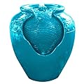 Teamson Home Floor Glazed Pot Water Fountain with Built-in LED Light and Pump for Outdoor Indoor Patio Garden Backyard Decking Home Décor, 17 inch Height, Teal