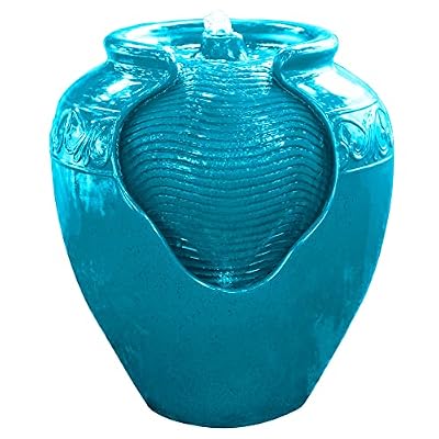Teamson Home Floor Glazed Pot Water Fountain with Built-in LED Light and Pump for Outdoor Indoor Patio Garden Backyard Decking Home Décor, 17 inch Height, Teal