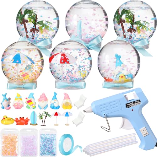 Fiwochic 6 Set Beach Summer Snow Globe Craft Kit DIY Coastal Snow Globes with Ocean Gnomes Glue Gun Glitter & Ribbon for Summer Coastal Beach Party Favor