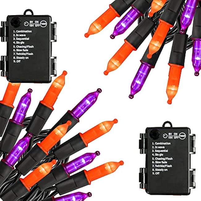 TW SHINE Battery Operated Halloween Lights, 2 Pack Total 100 LED 32 FT Orange and Purple Lights Outdoor, Waterproof Mini String Light with 8 Modes, Halloween Decorations for Indoor Patio Party Decor