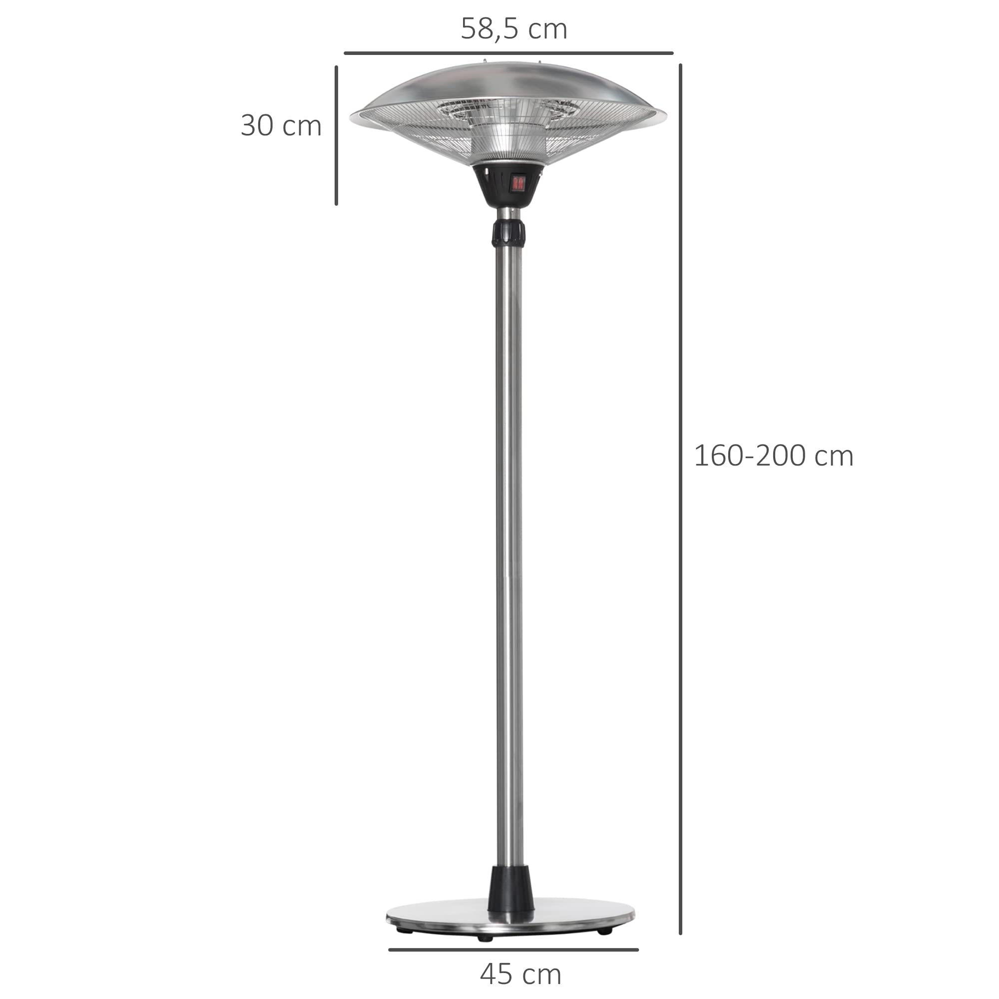 Outsunny Calefactor de Pie de Exterior 1200/1800/3000W Estufa de Infrarrojos con 3 Niveles de Calor Altura Ajustable Protección IP44 para Terraza Patio Aluminio Acero Inoxidable 12,5 m² Plata