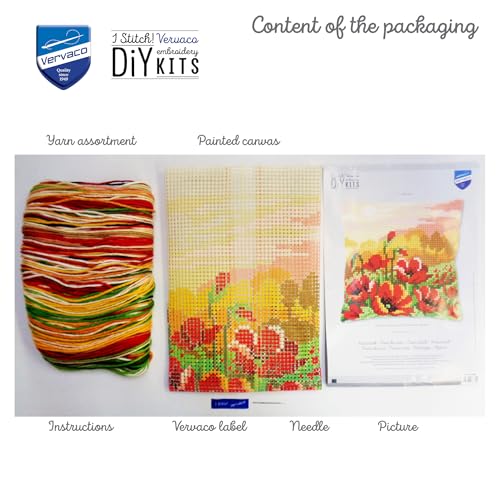 Image of Vervaco Cross Stitch Embroidery Kits Pillow Front for Self-Embroidery with Pattern on 100% Cotton and Thread, 15,75 x Inches - 40 cm, Poppy Meadow