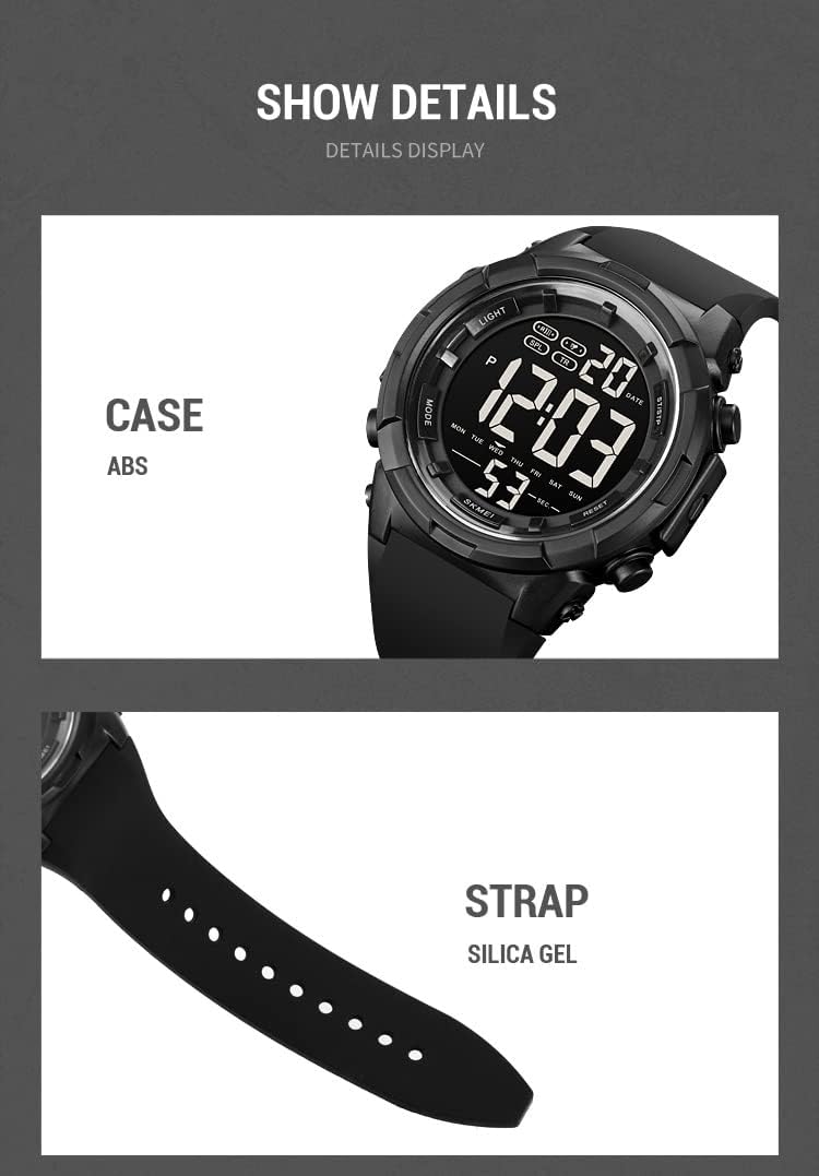 Gosasa Men 's Large Face Digital Outdoor Sports Waterproof Watch LED Luminous Alarm Stopwatch Simple Army