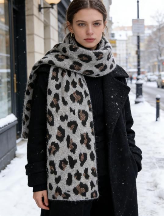 Leopard Print Scarf, Gray with Black and Brown Spots, Soft Knit Winter Wrap