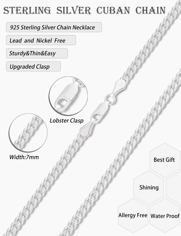 Solid 925 Sterling Silver 3.5/5/7/10mm Cuban Link Curb Chain Necklace for Men Women 925 Sterling Silver Chain 16-30 Inches Made in Italy4