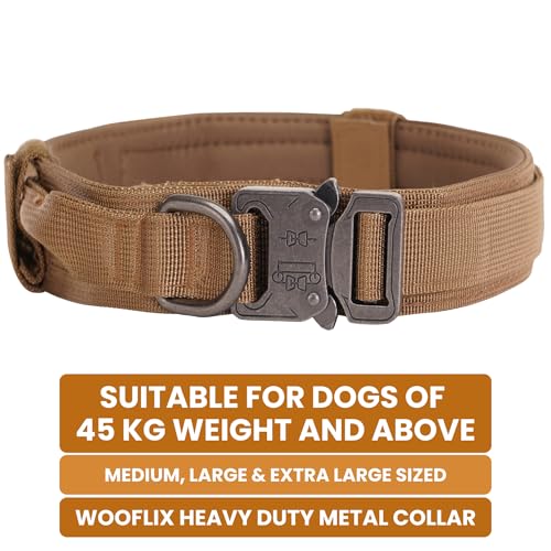 Image of WOOFLIX Metal Dog Collar For Training And Walks | Nylon Collar With Tactical Metal Buckle And D-Ring For Medium And Large Dogs | Dog Collar For Medium And Large Dogs (Extra Large, Beige, 25 Cm X 5 Cm)