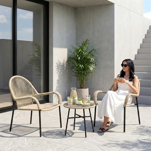 Image of BRISHI Garden Patio Seating Chair and Table Set Outdoor Balcony Garden Coffee Table Set Furniture with 1 Table and 2 Chairs Set with Cushion Braid & Rope (Beige)