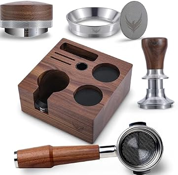 58mm Rocket Accessories Kit E61 Bottomless Portafilter, Espresso Tamper, Distributor, Tamping Station, Puck Screen & Funnel Premium Walnut Espresso Tools Barista Kit