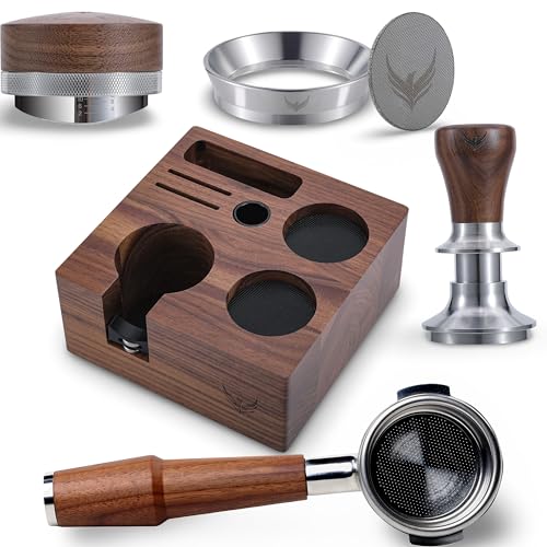 KNODOS 58mm Rocket Accessories Kit – E61 Bottomless Portafilter, Espresso Tamper, Distributor, Tamping Station, Puck Screen & Funnel Premium Walnut Espresso Tools Barista Kit