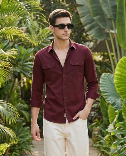 Image of IndoPrimo Men's Cotton Shirt with Stylish Flap Pockets Full Sleeves Spread Collared Neck Solid Pattern Western Style Classic Fit and Standard Length