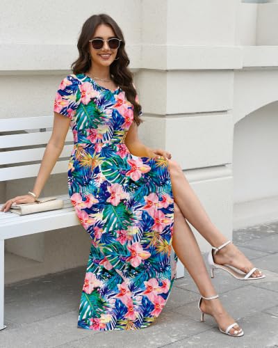 Image of COSSEN Women's Crew Neck Short Sleeve Maxi Dress with Pockets Casual Loose Swing for Wedding Guest Beach Vacation