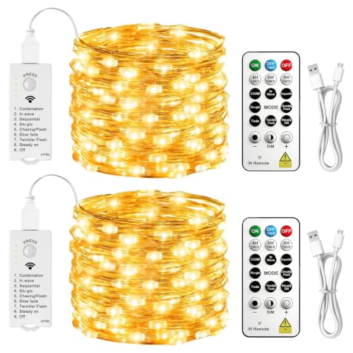 SINAMER Lichterkette Batterie Aufladbar 2x10M 100 LED LED lichterkette innen batterie mit Fernbedienung 8 Modi und Timer Wasserdichter Mini Draht Deko Zimmer Weihnachten Party Außen (Warmweiß)