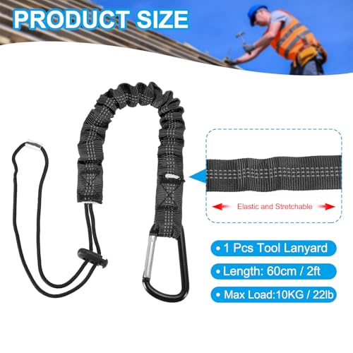 MECCANIXITY Retractable Tool Lanyard 2ft with Single Aluminum Buckle and Adjustable Loop End, Maximum Weight Limit 10KG / 22lb, Safety Fall Protection Tools Leash, Black