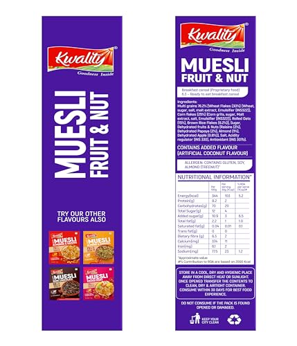 Image of Kwality Crunchy Muesli Fruit And Nut - Goodness Of Multigrain,High In Fibre, Natural And Dried Fruit Pieces Inside 300g x 2 [Pack of 2]