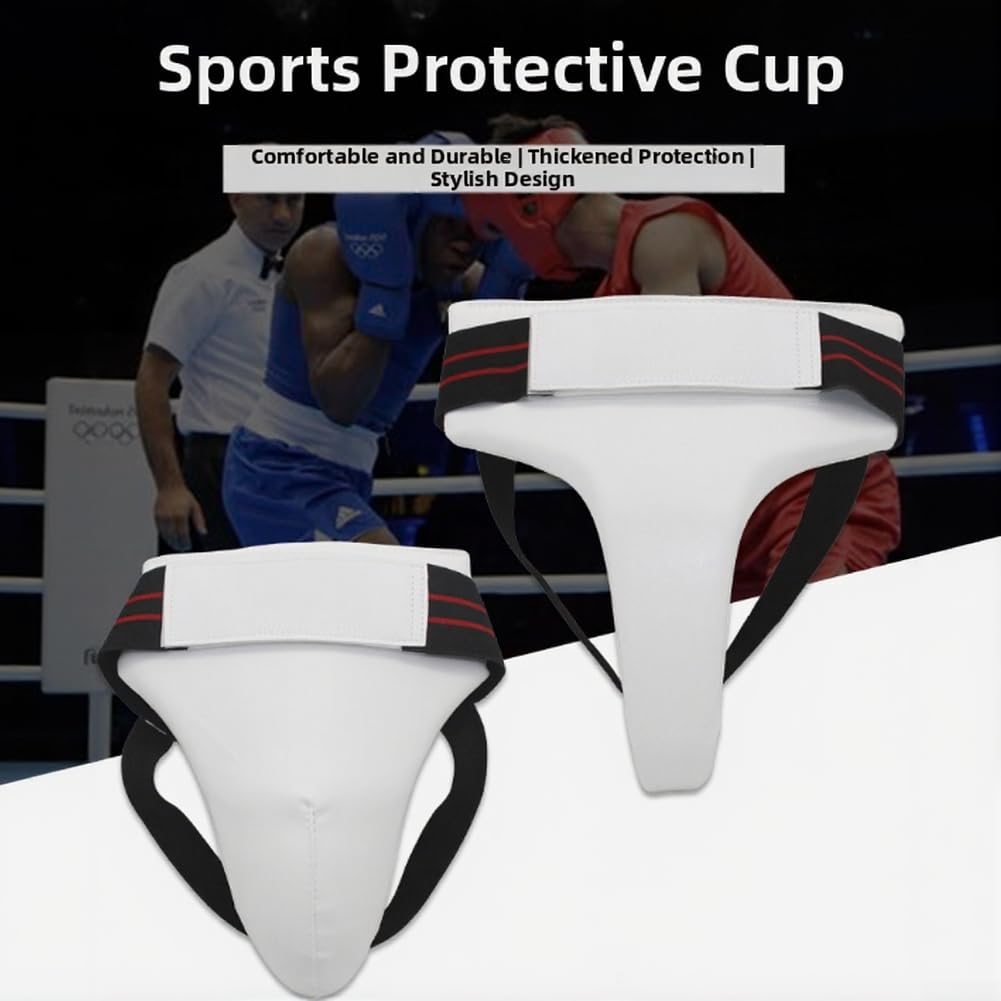 Protège-aine de boxe en cuir PU pour homme et femme – Sangles réglables Design bonnet profond pour entraînement Muay Thai Blanc Noir 23 cm