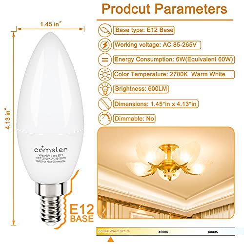 Comzler E12 Led Bulb, Small Led Candelabra Bulbs 60W Equivalent, Warm White 2700K Ceiling Fan Light Bulbs, Type B Shape Chandelier , Pack Of 6, Non-Dimmable #TOP2