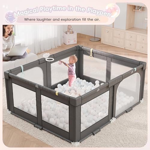 Xilingol 72" X 59" Foldable Playpen, Potable Baby Play Yard with Carry Bag, Baby Gate Playpen with Anti-Slip Suckers & Zipper Gates, Baby Fence Play Area with 4 Handlers & 50 Ocean Balls(Grey)