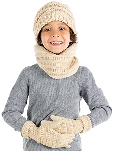 Image of Funky Junque Kids Matching Winter Solid Ribbed Beanie Cap, Fleece Lined Neck Warmer, Stretchy Toddler Gloves Bundle