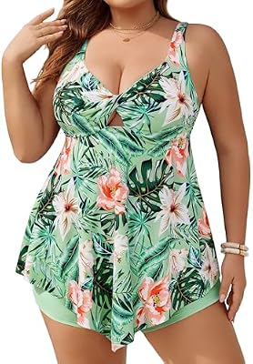 Hanna Nikole Plus Size Tankini Tummy Control Two Piece Bathing Suit Twist Knot Flowy Green Swimwear...