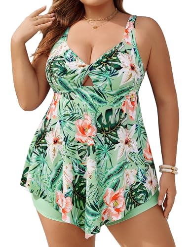 Hanna Nikole Plus Size Tankini Tummy Control Two Piece Bathing Suit Twist Knot Flowy Green Swimwear 18 Plus