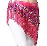 Lauthen.S Belly Dance Hip Scarf with Tassels Sequins, Triangle Coins Wrap Skirt Music Festival Clothing Hot Pink