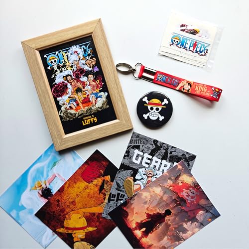 Image of TenorArts Luffy Gift Box One Piece Merchandise for Fans - 5x7 Inches Laminated Photo Frame,1 Luffy Keychain, 1 Badge, 4 4x6 inches One Piece Posters, 7 Multi sized Stickers - 5 items in 1 Box | Perfect for Gifting Anime Fans