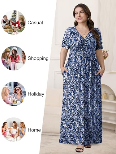Image of PEVRL Plus Size Summer Maxi Dress for Curvy Women with Pockets 1X-5X | Short Sleeve, Twisted Front V-Neck, Summer Casual A Line Flowy Dress, Empire Waist Floral Print Beach Vacation Long Dress