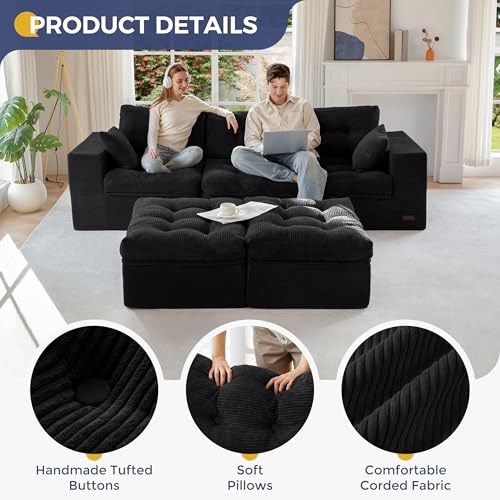 Image of MAXYOYO 104 inch U Shaped Modular Sectional Sofa with 2 Ottomans, Cloud Boneless Couch with Layered Cushion, Flexible Module Combination Sofa for Living Room, No Assembly Required, Black