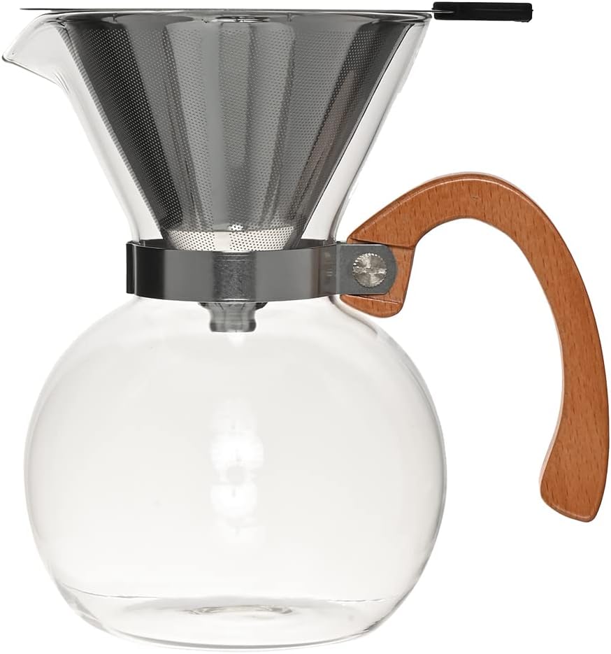 Mimo Style Passador de Café Vidro Borossilicato 16cm com Cabo de Bambu e Filtro de Aço Inoxidável Reutilizável de Dupla Filtragem, Capacidade para 650ml, Totalmente Livre de BPA