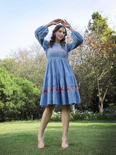 Image of Stylum Women's Solid & Embroidered Cotton Tiered Dress